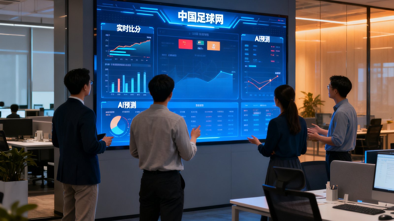 中国足球网数据大屏展示实时比分和AI预测，团队在开放式办公区讨论