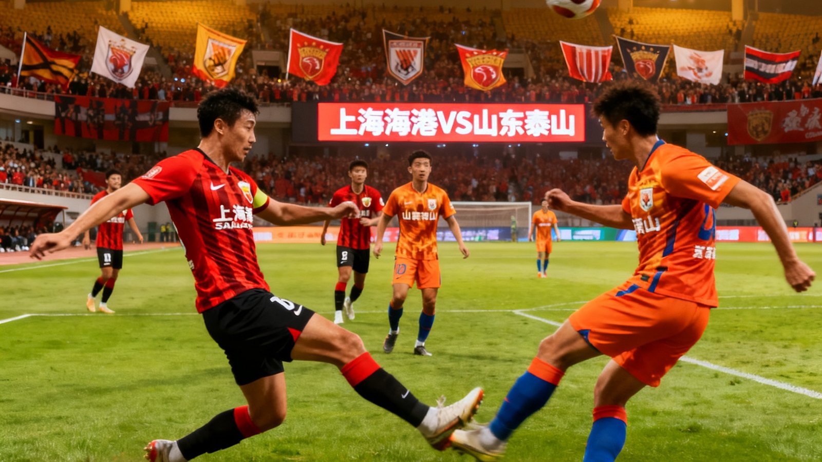 上海海港对阵山东泰山的中超焦点战现场直播画面，球员正在中场拼抢